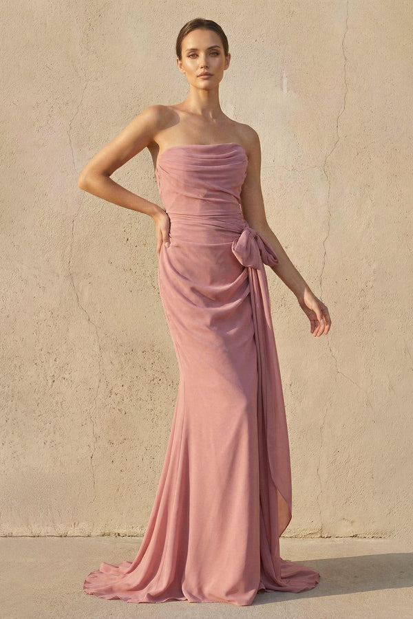 Strapless Ruched Maxi Dress With Bow in Mulberry - SHE IS ME