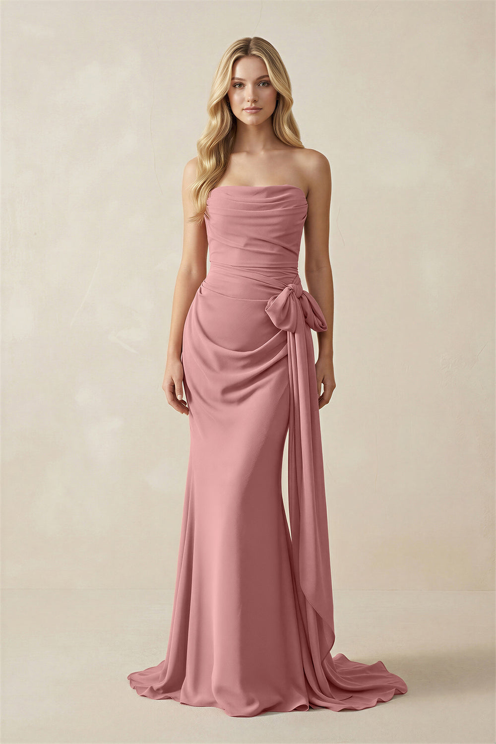 Strapless Ruched Maxi Dress With Bow in Mulberry