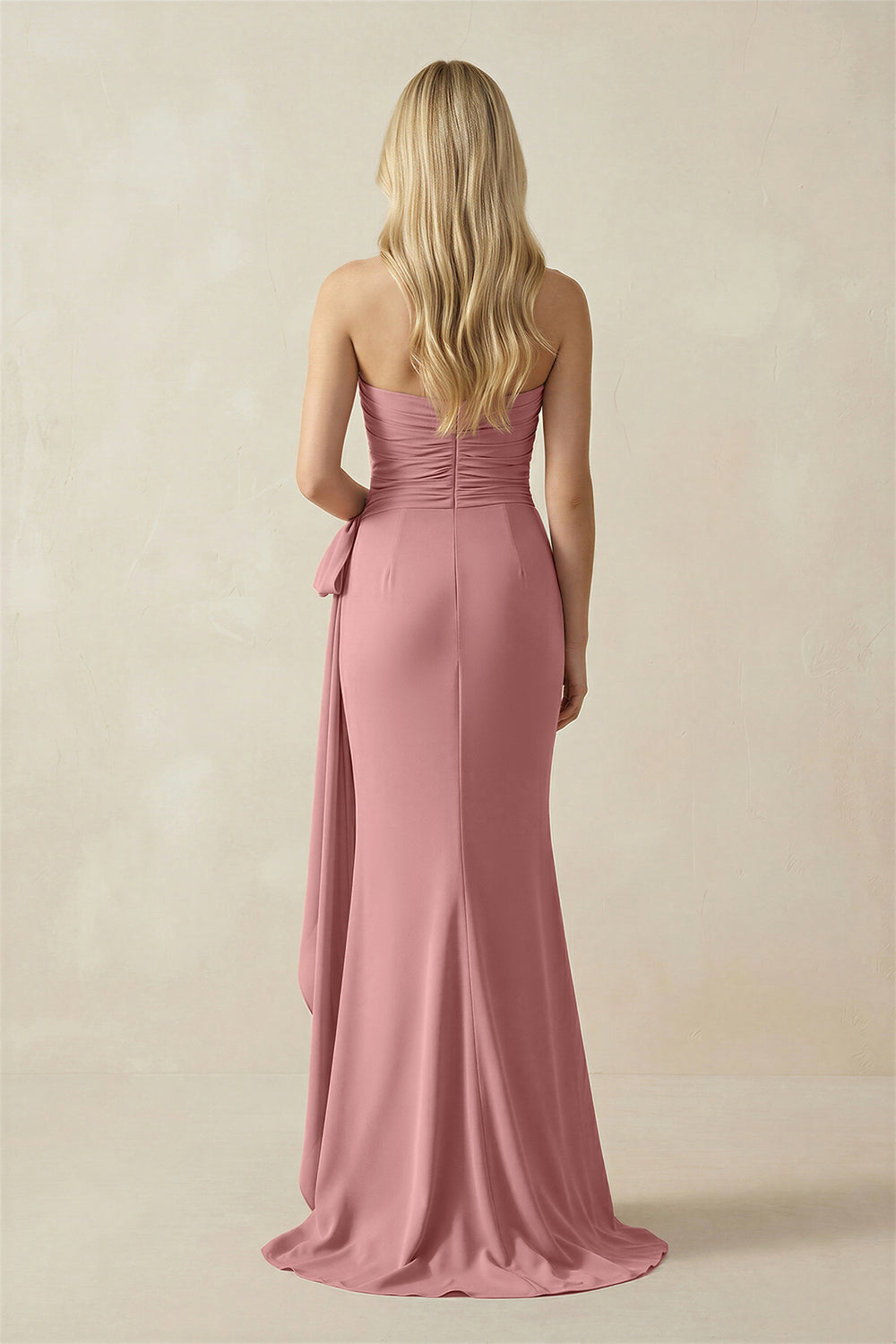 Strapless Ruched Maxi Dress With Bow in Mulberry