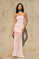 Strapless Ruched Mesh Maxi Dress in Pink - SHE IS ME