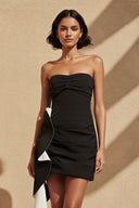 Strapless Ruched Mini Dress With Ruffle in Black - SHE IS ME
