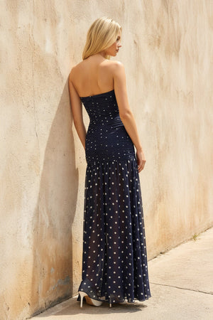 Strapless Ruched Polka Dot Maxi Dress in Navy - SHE IS ME