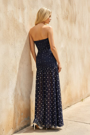 Sheisme-Navy Strapless Tulle Sheath Maxi Polka Dot Evening Formal Dress