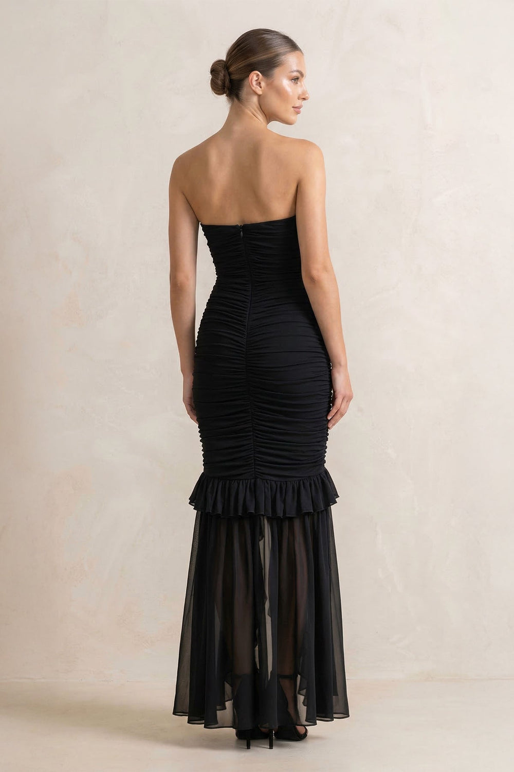 Strapless Ruched Ruffle High-Low Maxi Dress in Black