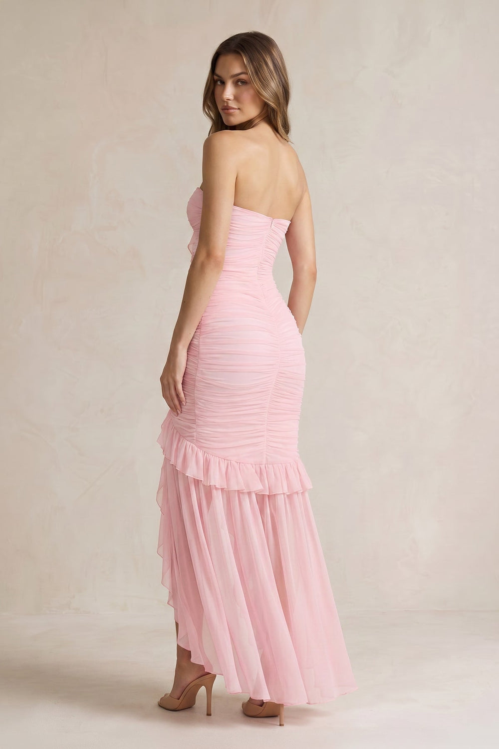 Strapless Ruched Ruffle High - Low Maxi Dress in Pink - SHE IS ME PROM DRESSES