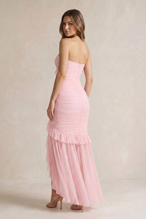 Strapless Ruched Ruffle High - Low Maxi Dress in Pink - SHE IS ME PROM DRESSES