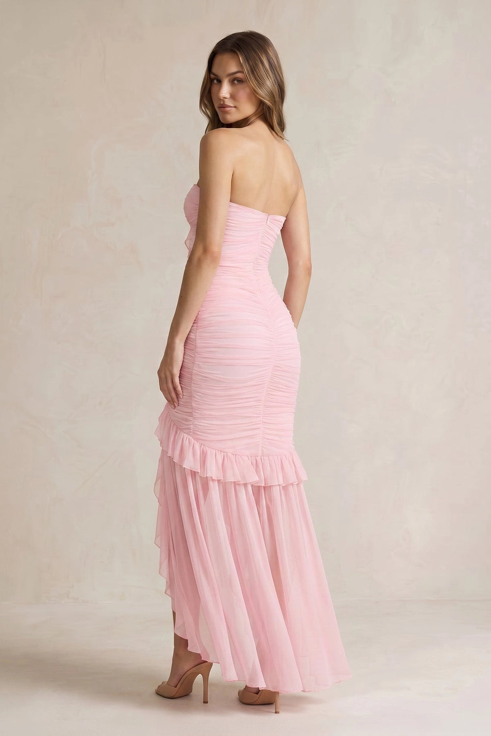 Strapless Ruched Ruffle High - Low Maxi Dress in Pink - SHE IS ME PROM DRESSES