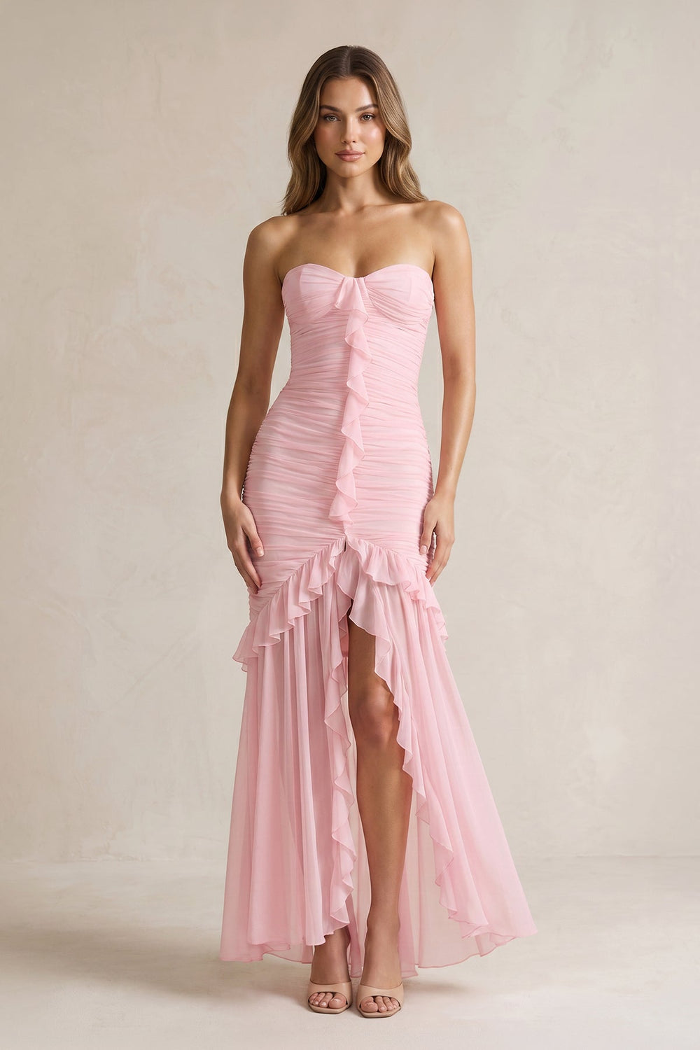 Strapless Ruched Ruffle High - Low Maxi Dress in Pink - SHE IS ME PROM DRESSES