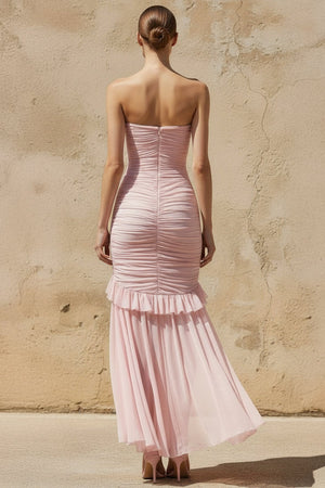 Strapless Ruched Ruffle High - Low Maxi Dress in Pink - SHE IS ME