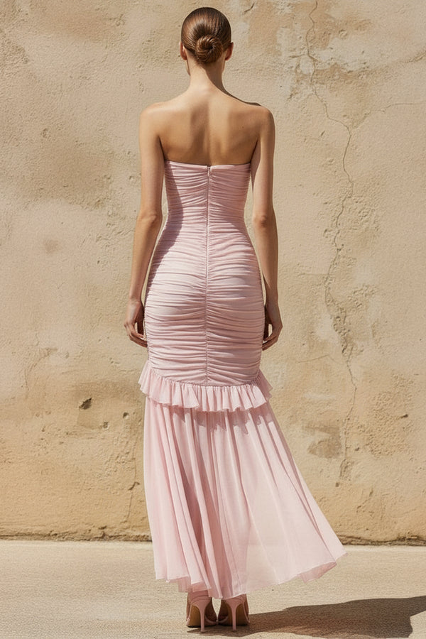Strapless Ruched Ruffle High - Low Maxi Dress in Pink - SHE IS ME