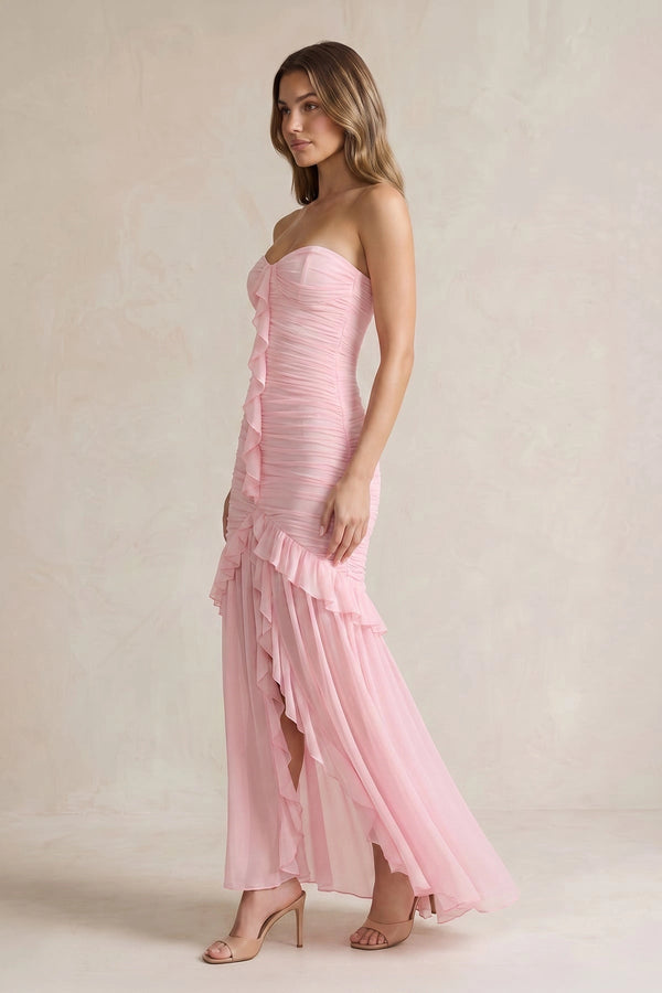 Strapless Ruched Ruffle High - Low Maxi Dress in Pink - SHE IS ME PROM DRESSES