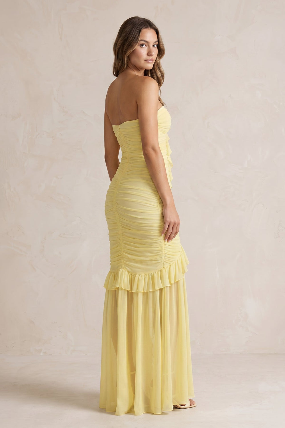 Strapless Ruched Ruffle High - Low Maxi Dress in Yellow - SHE IS ME PROM DRESSES