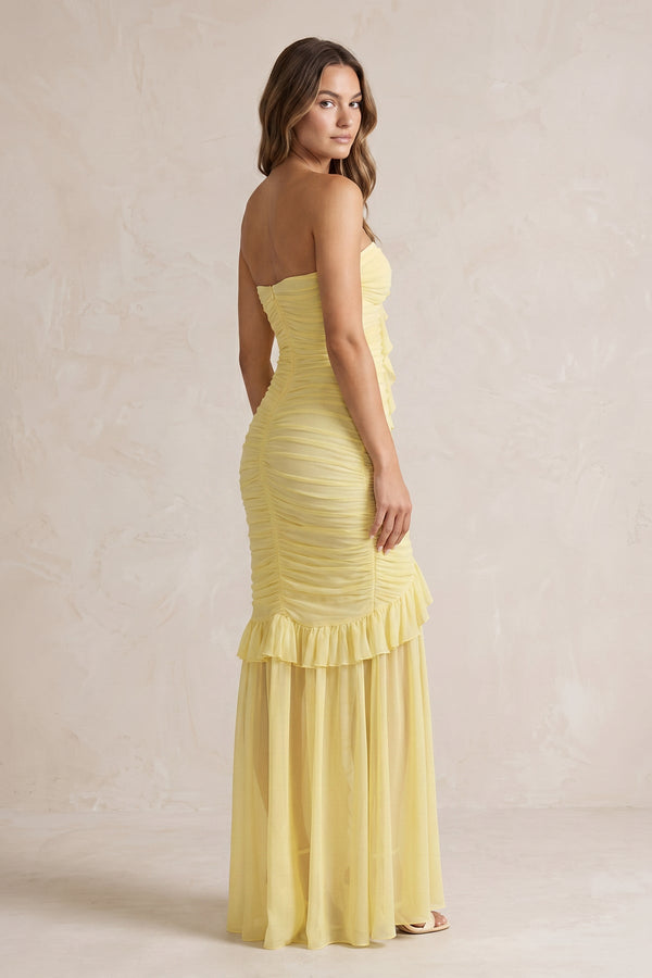 Strapless Ruched Ruffle High - Low Maxi Dress in Yellow - SHE IS ME PROM DRESSES