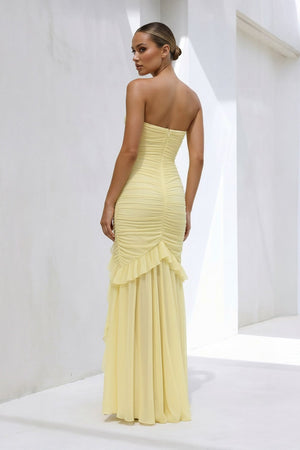 Strapless Ruched Ruffle High - Low Maxi Dress in Yellow - SHE IS ME PROM DRESSES