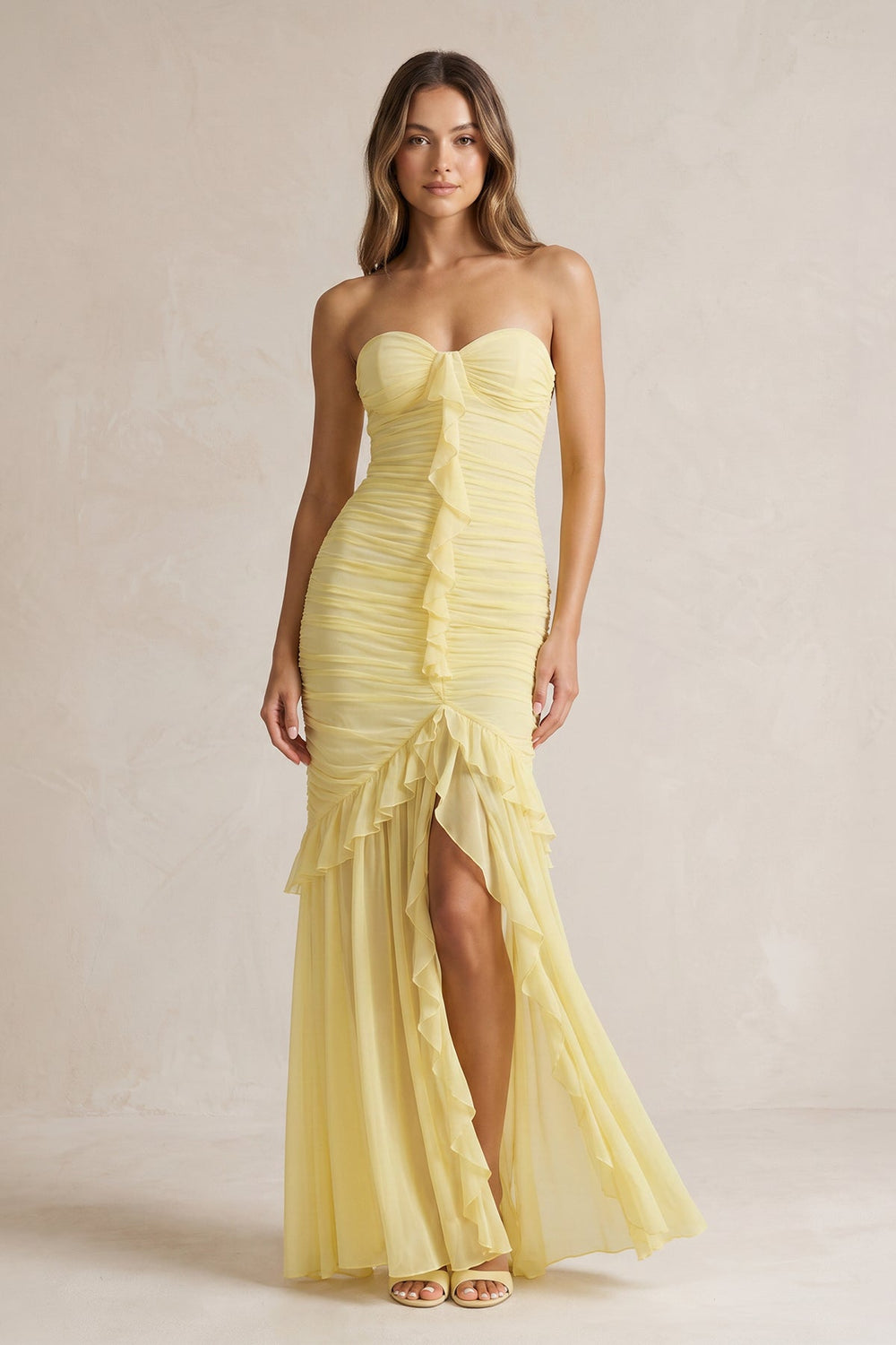 Strapless Ruched Ruffle High - Low Maxi Dress in Yellow - SHE IS ME PROM DRESSES