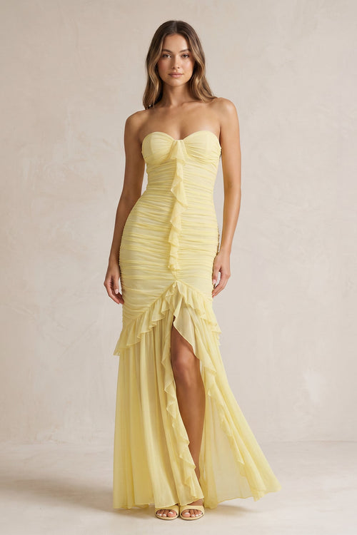 Strapless Ruched Ruffle High - Low Maxi Dress in Yellow - SHE IS ME PROM DRESSES