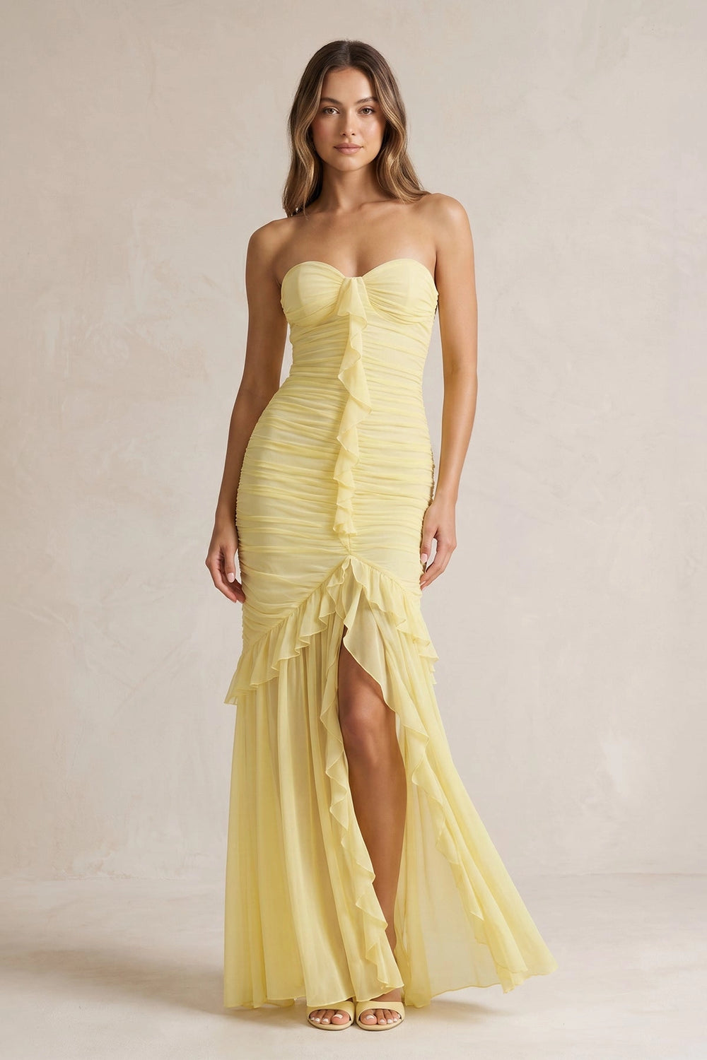 Strapless Ruched Ruffle High - Low Maxi Dress in Yellow - SHE IS ME PROM DRESSES