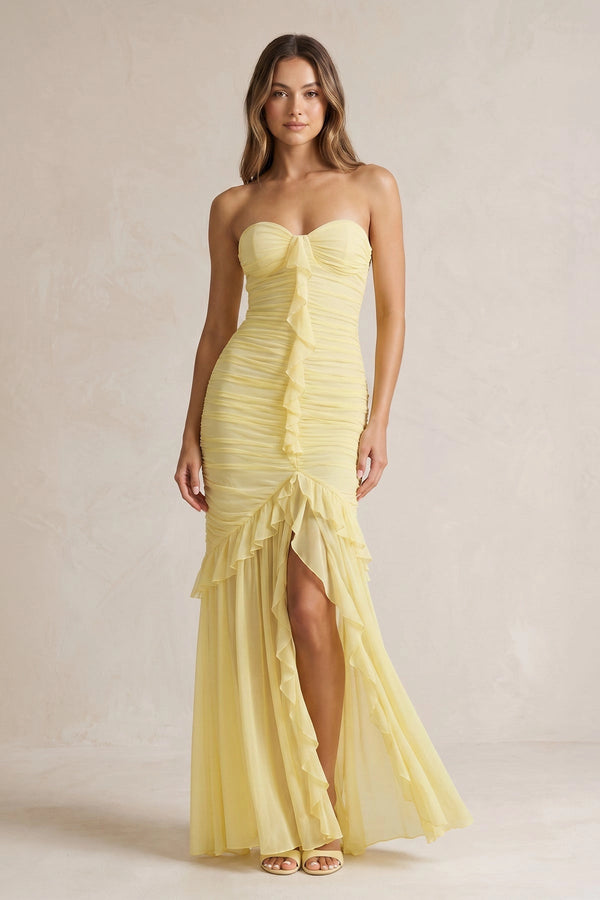 Strapless Ruched Ruffle High - Low Maxi Dress in Yellow - SHE IS ME PROM DRESSES