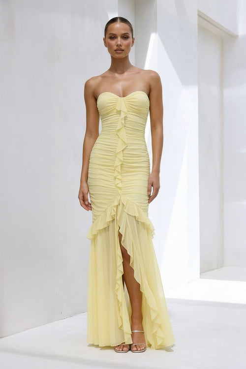 Strapless Ruched Ruffle High - Low Maxi Dress in Yellow - SHE IS ME PROM DRESSES