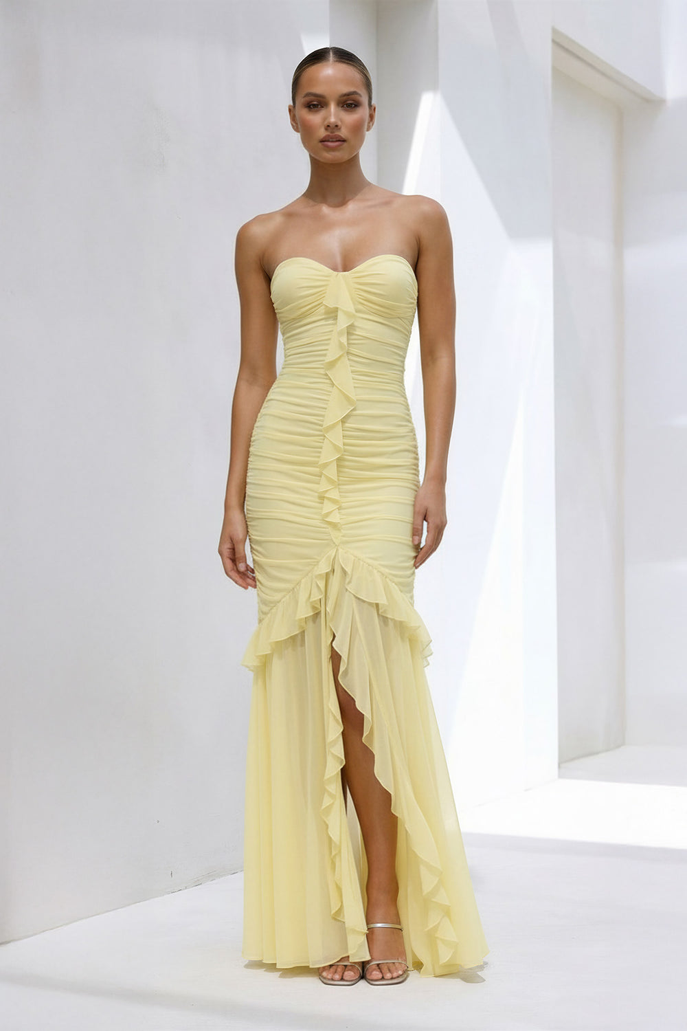 Sheisme-Yellow Chiffon Strapless Sheath High-Low Evening Formal Dress