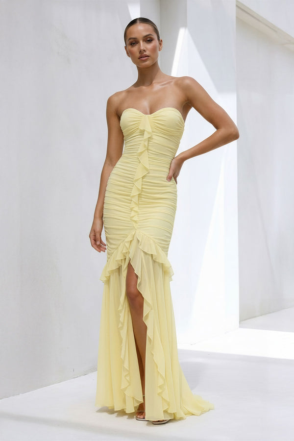 Sheisme-Yellow Chiffon Strapless Sheath High-Low Evening Formal Dress