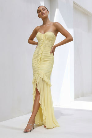 Sheisme-Yellow Chiffon Strapless Sheath High-Low Evening Formal Dress