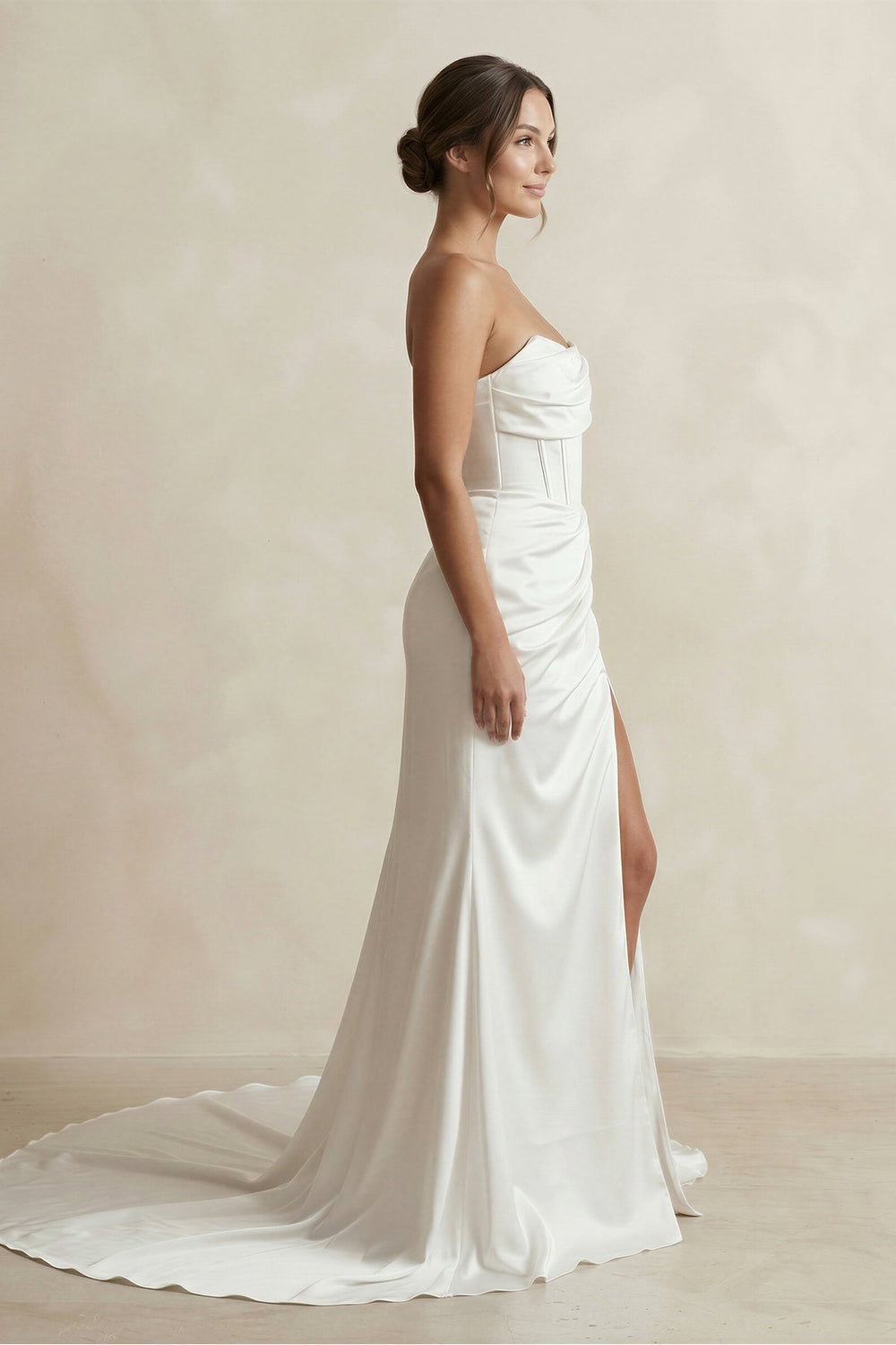 Strapless Ruched Satin Mermaid Wedding Dress with Corset in White - SHE IS ME Wedding Dresses