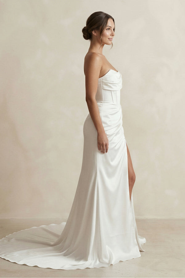 Strapless Ruched Satin Mermaid Wedding Dress with Corset in White - SHE IS ME Wedding Dresses