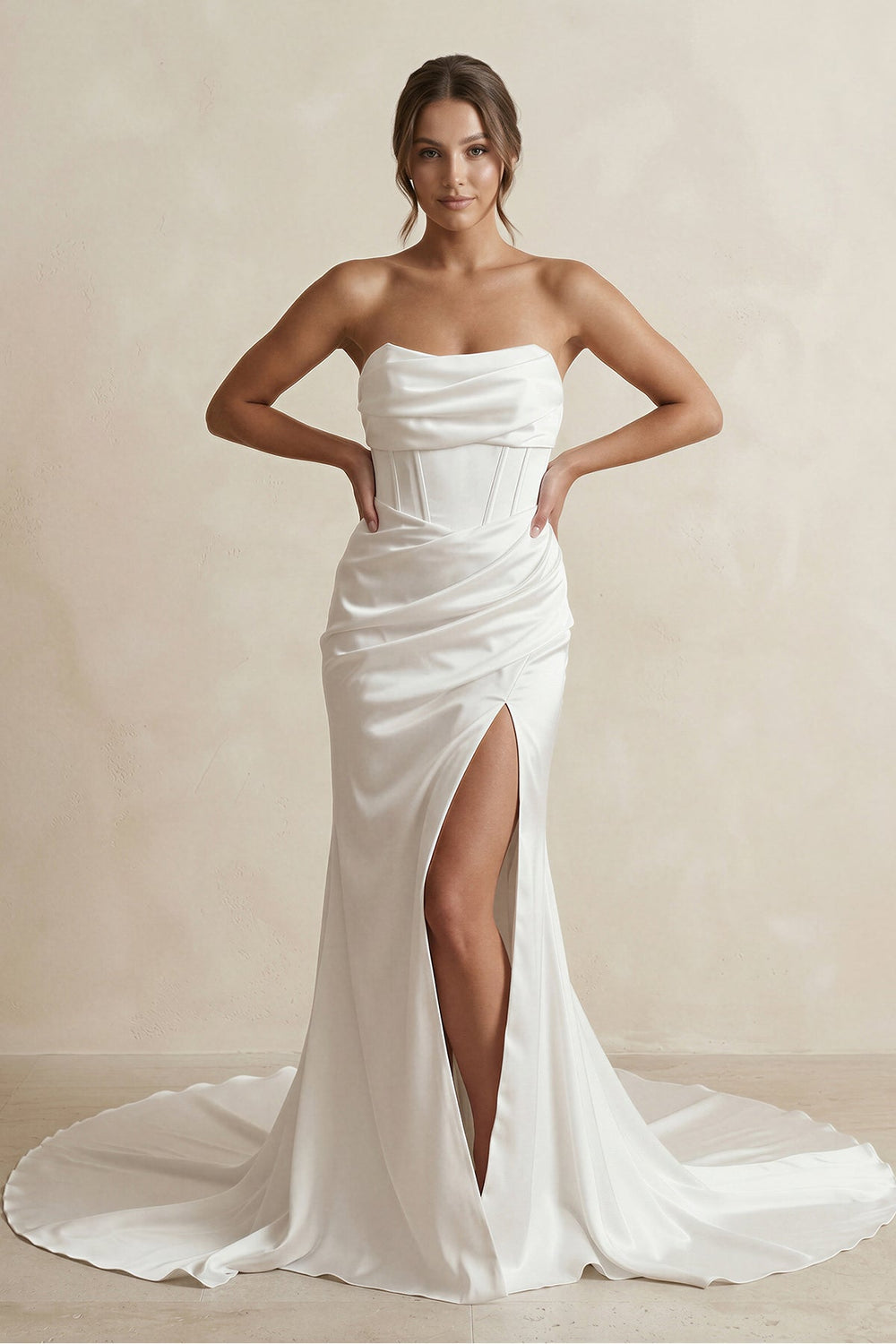 Strapless Ruched Satin Mermaid Wedding Dress with Corset in White - SHE IS ME Wedding Dresses