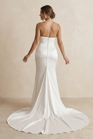 Strapless Ruched Satin Mermaid Wedding Dress with Corset in White - SHE IS ME Wedding Dresses