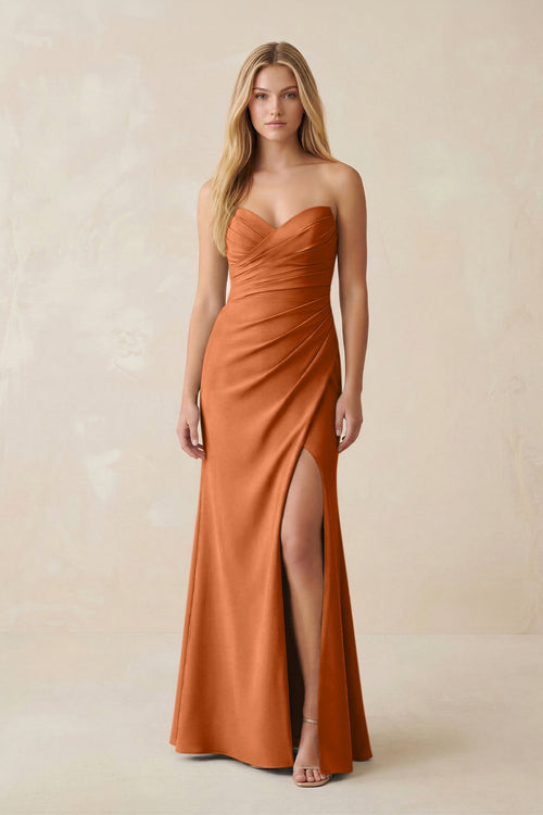 Strapless Ruched Sheath Satin Bridesmaid Dress With Slit in Brown - SHE IS ME Bridesmaid Dresses