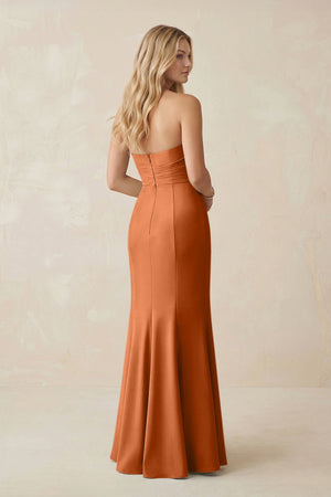 Strapless Ruched Sheath Satin Bridesmaid Dress With Slit in Brown - SHE IS ME Bridesmaid Dresses