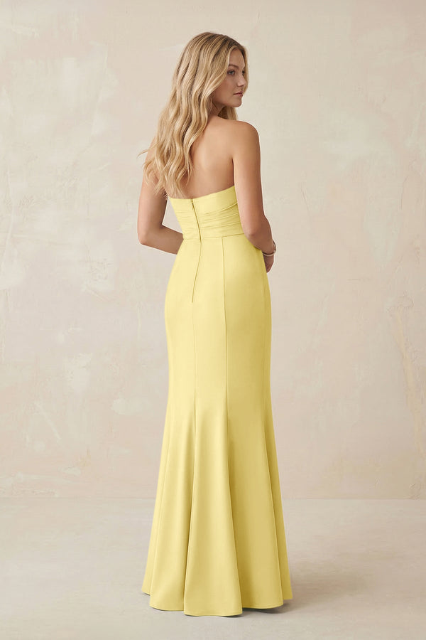 Strapless Ruched Sheath Satin Bridesmaid Dress With Slit in Buttercup - SHE IS ME Bridesmaid Dresses