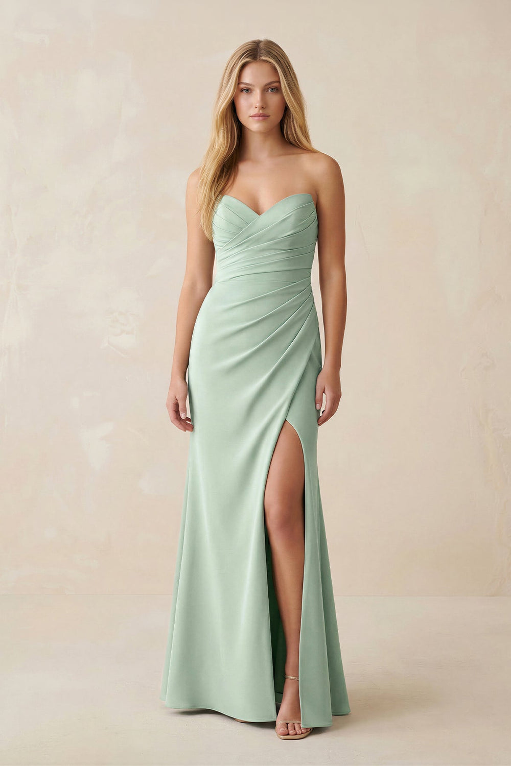 Strapless Ruched Sheath Satin Bridesmaid Dress With Slit in Matcha - SHE IS ME Bridesmaid Dresses
