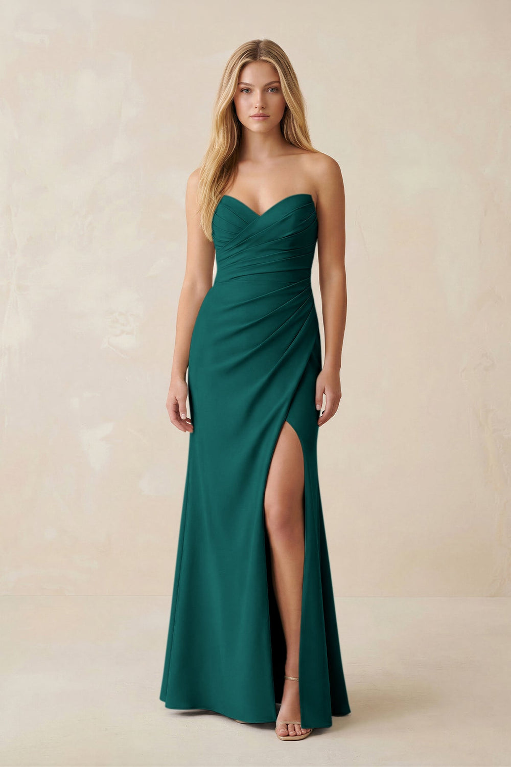 Strapless Ruched Sheath Satin Bridesmaid Dress With Slit in Pine - SHE IS ME Bridesmaid Dresses