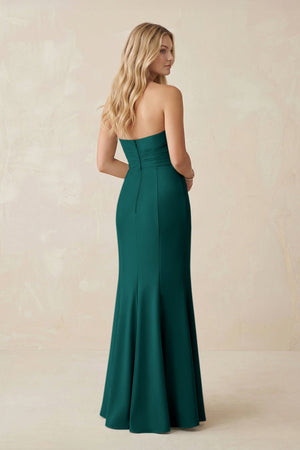 Strapless Ruched Sheath Satin Bridesmaid Dress With Slit in Pine - SHE IS ME Bridesmaid Dresses
