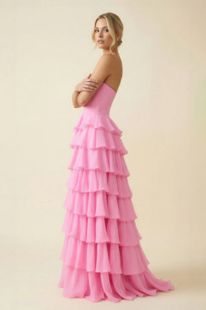 Strapless Ruffled A Line Maxi Dress With Slit in Pink - SHE IS ME PROM DRESSES