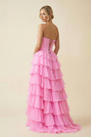 Strapless Ruffled A Line Maxi Dress With Slit in Pink - SHE IS ME PROM DRESSES
