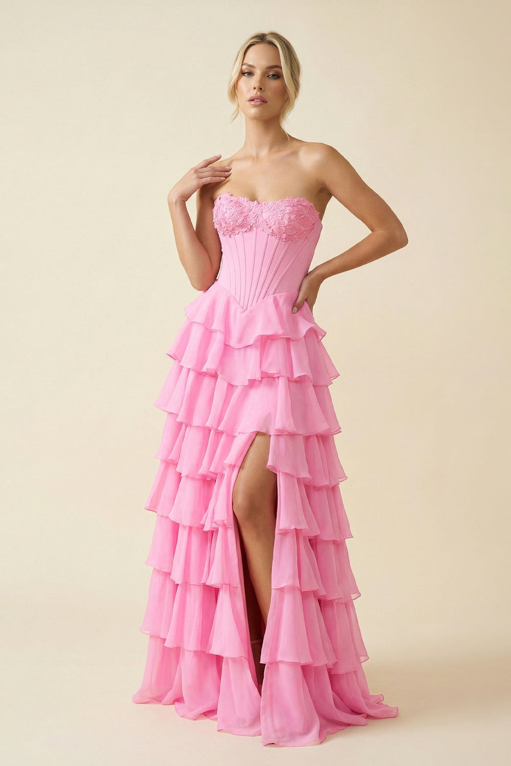 Strapless Ruffled A Line Maxi Dress With Slit in Pink - SHE IS ME PROM DRESSES