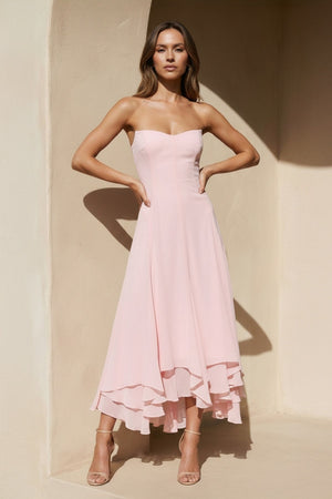 Strapless Ruffled A - Line Midi Dress in Pink - SHE IS ME