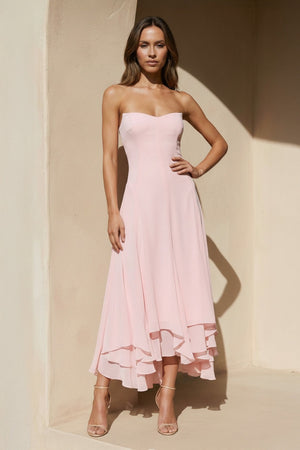 Strapless Ruffled A - Line Midi Dress in Pink - SHE IS ME
