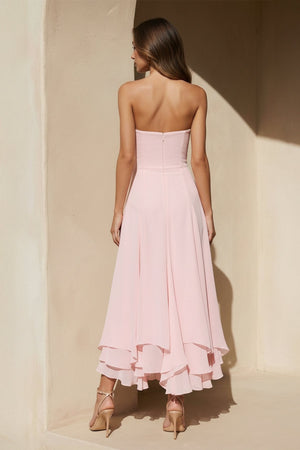 Strapless Ruffled A - Line Midi Dress in Pink - SHE IS ME