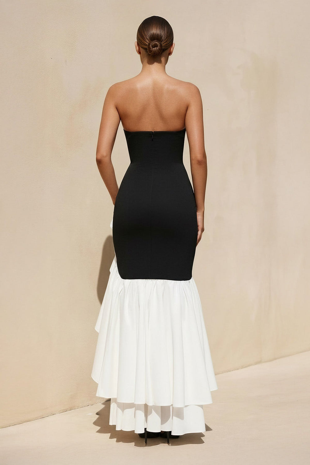 Strapless Ruffled High - Low Gown in Black and White - SHE IS ME PROM DRESSES
