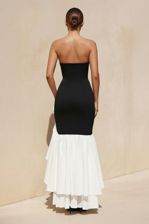Sheisme-Black White Strapless Asymmetric Sheath Evening Formal Dress