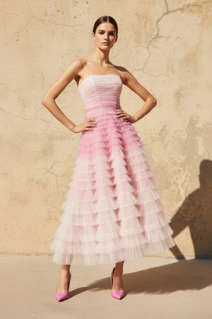 Sheisme-Pink Tulle Strapless A-Line Midi Evening Formal Dress