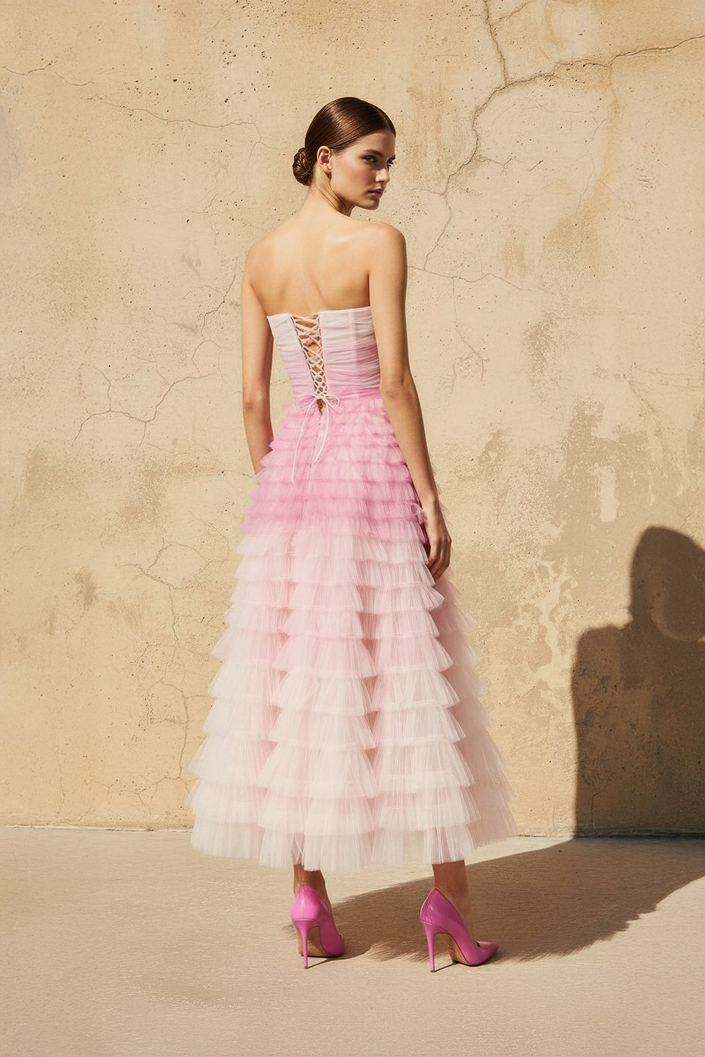 Sheisme-Pink Tulle Strapless A-Line Midi Evening Formal Dress
