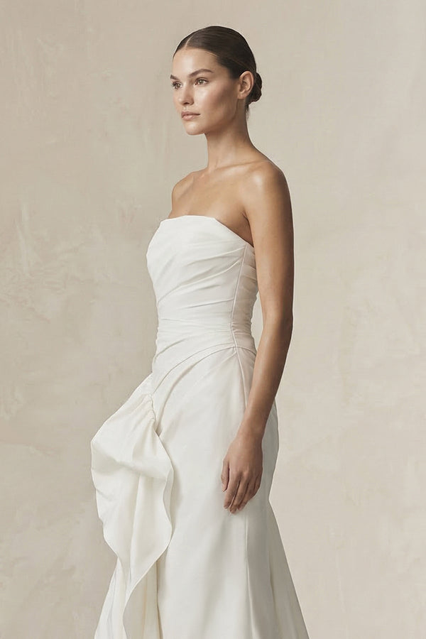 Strapless Ruffled Mermaid Satin Wedding Dress in White - SHE IS ME Wedding Dresses