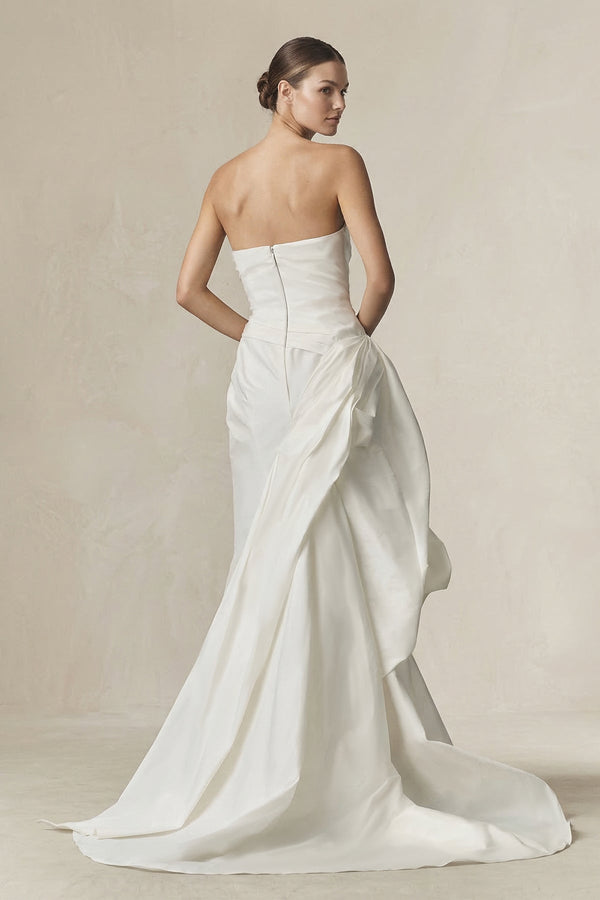 Strapless Ruffled Mermaid Satin Wedding Dress in White - SHE IS ME Wedding Dresses