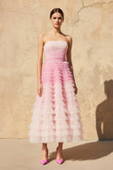 Strapless Ruffled Midi Dress in Pink - SHE IS ME
