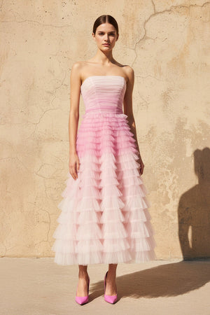 Strapless Ruffled Midi Dress in Pink - SHE IS ME